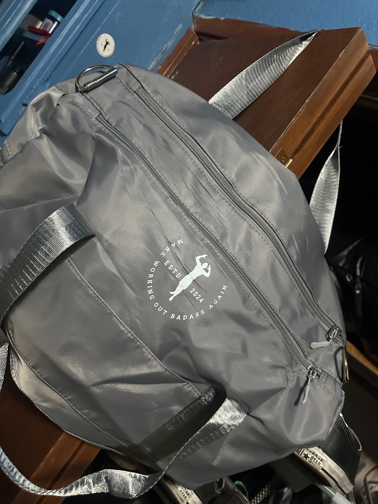 Grey duffel bag